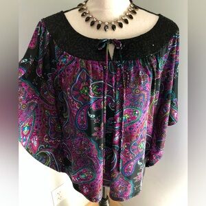 Studio Y Black Sequin Vibrant Magenta Butterfly Sleeve Blouse Top Large